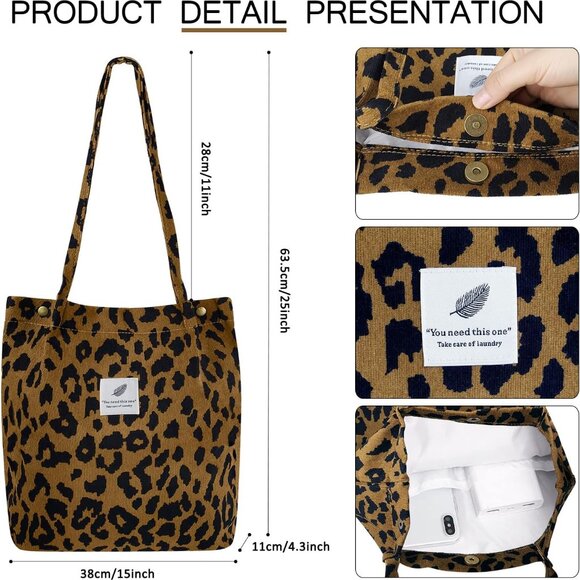 Corduroy Tote Bag for Women Canvas Shoulder Cord Purse with Inner Pocket - Picture 4 of 6